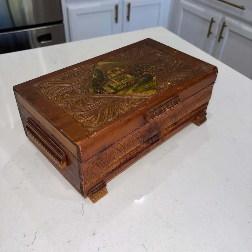 Vintage Hand-Carved Cedar Wood Jewelry Trinket Box with Cottage Farm Scene Inlay